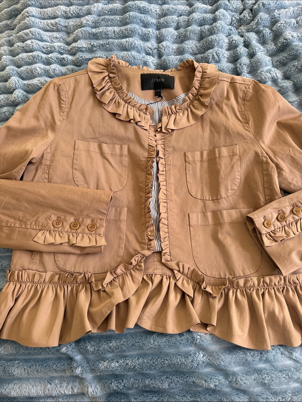 J. Crew Ruffle-Trim Cotton Jacket in Camel/Tan